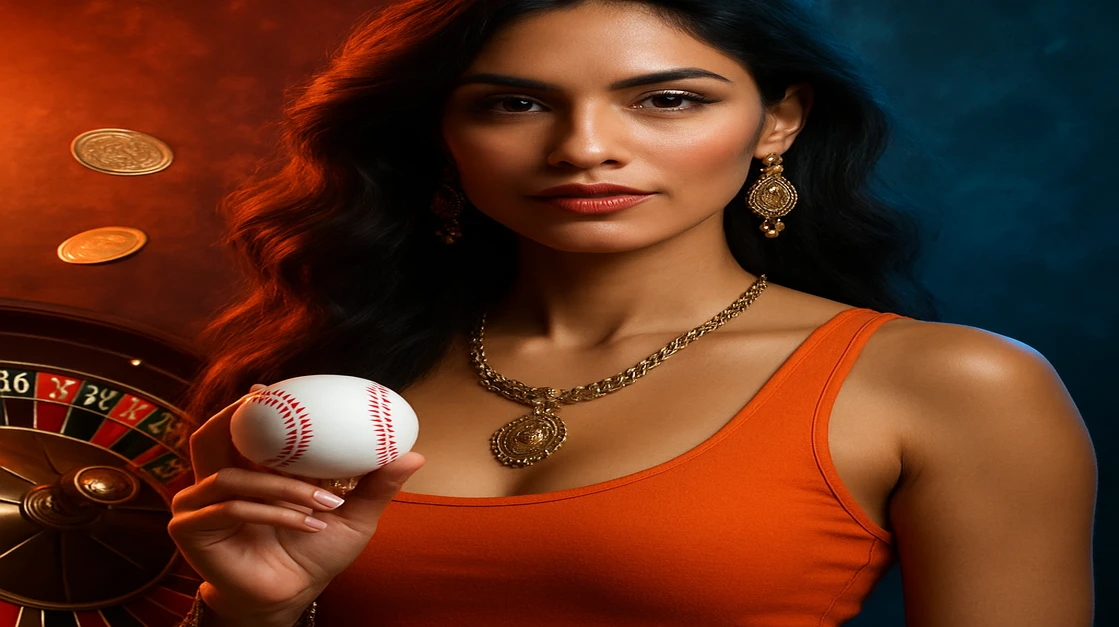 আত্মবিশ্বাসী নারী, কমলা টপ ও ট্যাটুসহ, একটি বেসবল হাতে; চারদিকে চলমান রঙিন চক্র, চিপস, এবং উড়ন্ত ফুটবল ঘিরে রয়েছে winbid.