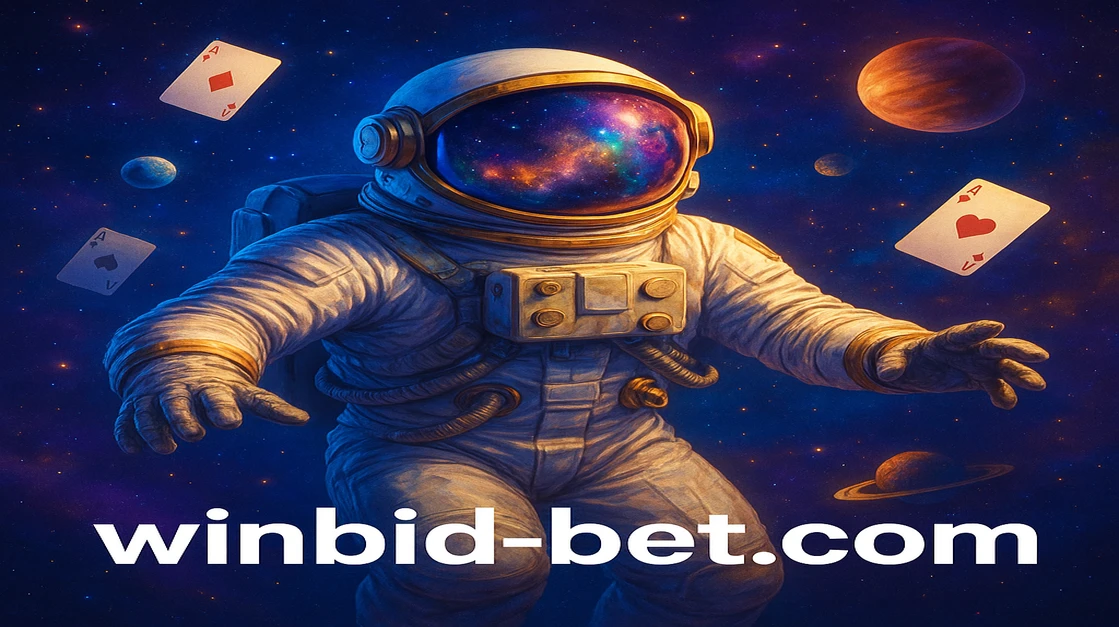 আলোকিত স্পেসসুটে পরা নভচারী—'Spaceman' লেখা—মহাশূন্যে গ্রহ ও নিয়ন্ত্রণ প্যানেলগুলোর মাঝে ভাসমান অবস্থায় রয়েছে (winbid).