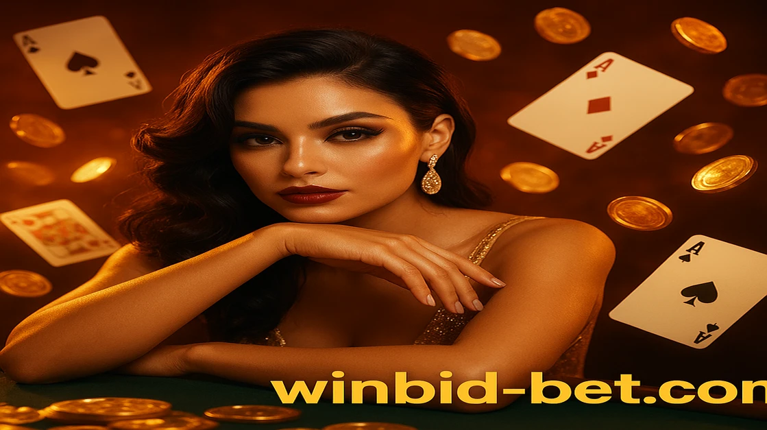 গাঢ় পোশাক পরা এক নারী winbid প্ল্যাটফর্মে একটি গেমিং টেবনের পাশে হেলে দাঁড়িয়ে; চারপাশে উড়ন্ত কার্ড ও সোনালি মুদ্রা ছড়িয়ে রয়েছে, লগইন লেখা।