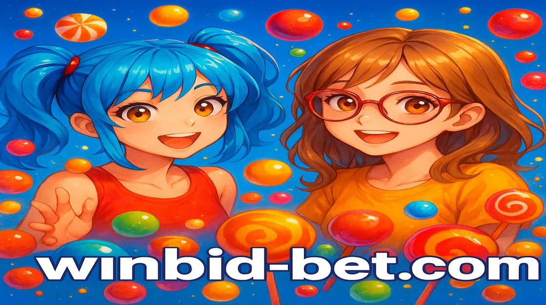 winbid এর ক্যাটালগ-স্টাইল চিত্রে দুটি কার্টুন মেয়ে ললিপপ ও রঙিন ক্যান্ডি নিয়ে উড়ে যাচ্ছে, নিচে লেখা আছে মিষ্টি আনন্দ